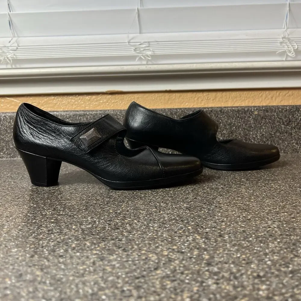 Munro Women's Size 10 N Black Leather Mary Jane Pump Snap On Comfort Heels Shoes